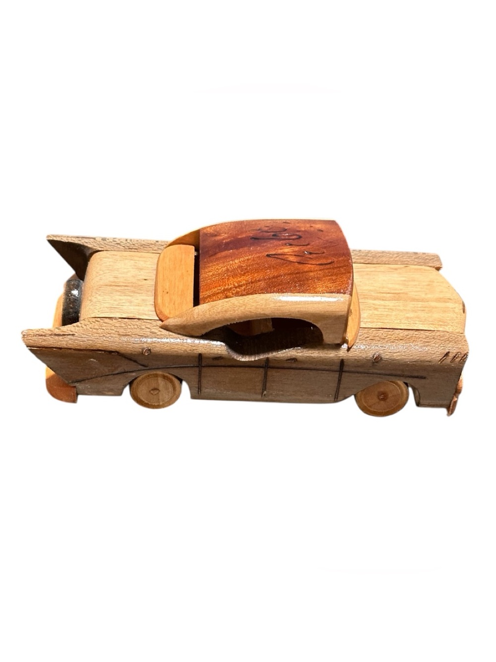 7 1/2"  VTG Cuban Folk Art Chevrolet 57 Chevy Handmade Wood Toy Car Pyrography